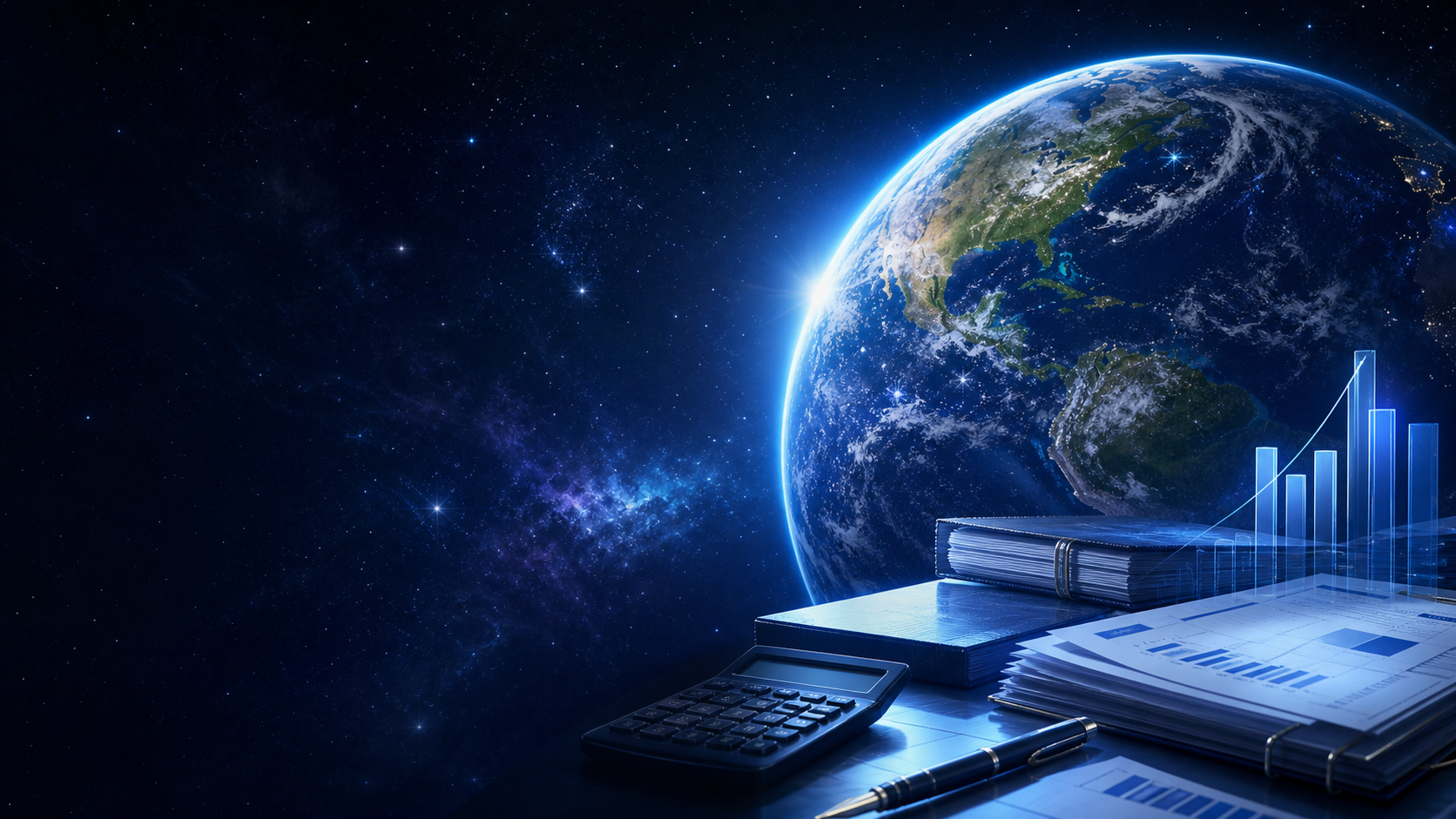 Earth with blue oceans, green land, clouds and a professional accounting workspace