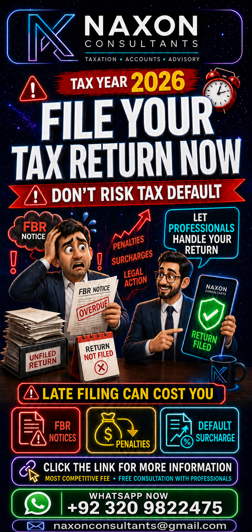 NAXON Consultants Tax Year 2026 filing notice with WhatsApp contact details