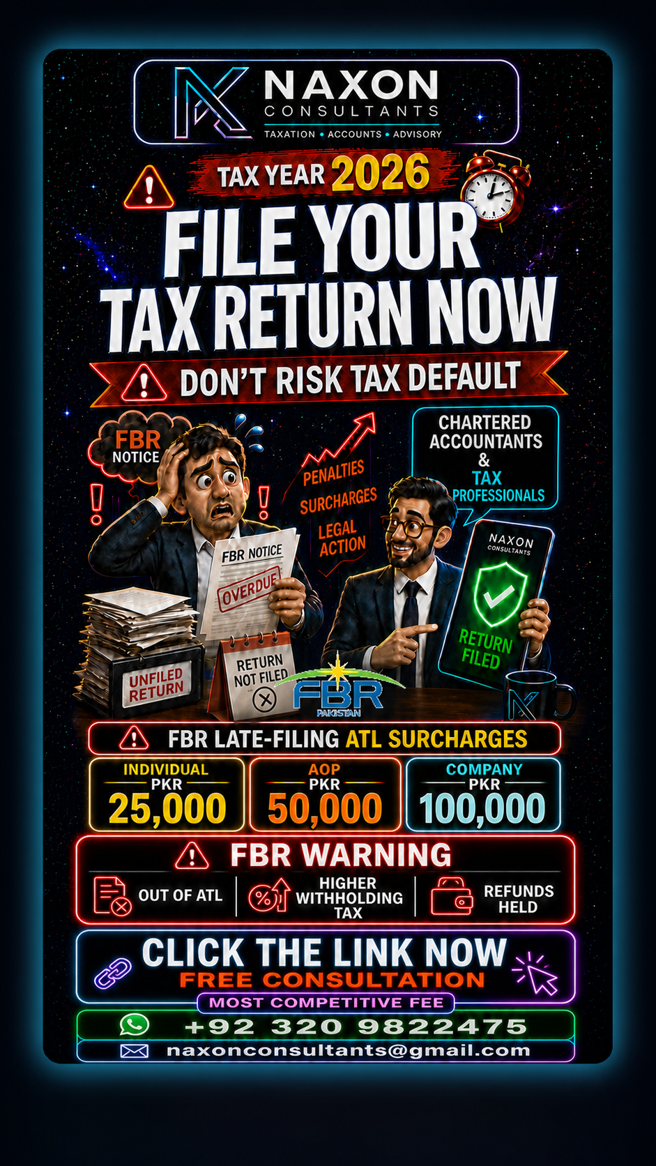 NAXON Consultants Tax Year 2026 filing notice with WhatsApp contact details
